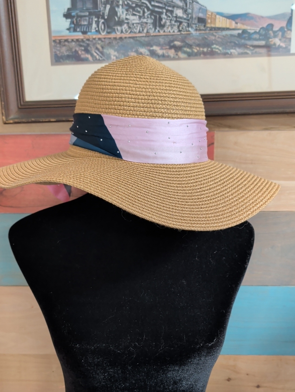 Adrienne Vittadini Tan Straw Wide-Brim Hat with Pink & Navy Scarf Accent